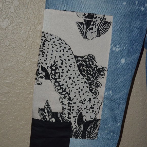 NWOT $450 Sz 4 Hellessy Leopard Patchwork Blue Denim Ankle Jeans - Picture 4 of 7